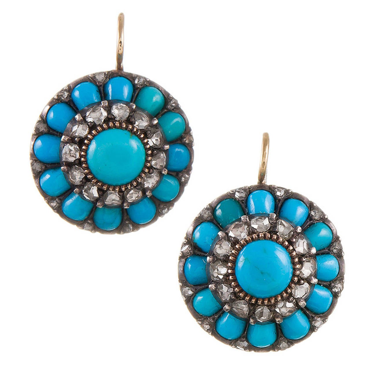 Super Fine Victorian Turquoise Diamond Cluster Earrings