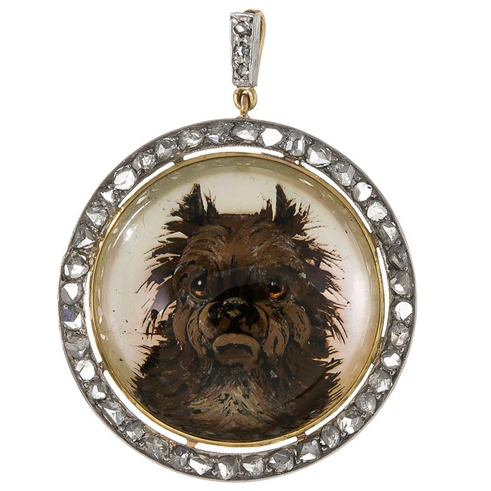 “Naughty Terrier” Reverse Carved Crystal Diamond Silver Gold Pendant For Sale