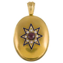 Victorian "Americana" Enamel Pearl Cabochon Garnet Gold Locket Pendant 3