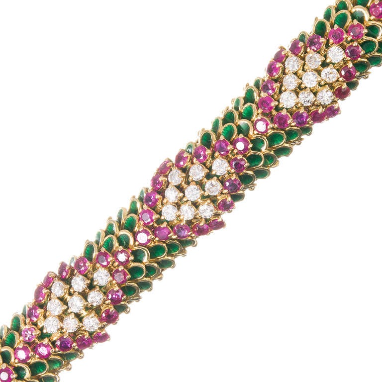Women's 1960s Enamel Ruby Diamond Bracelet