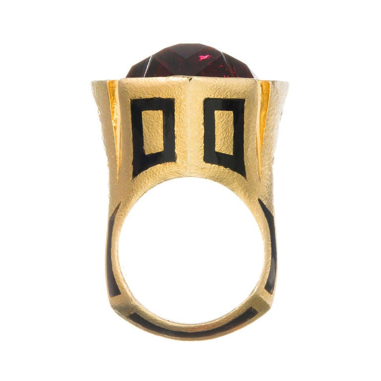 38 Carat Red Tourmaline Enamel Diamond Ring Signed Neiman Marcus In Excellent Condition In Carmel-by-the-Sea, CA