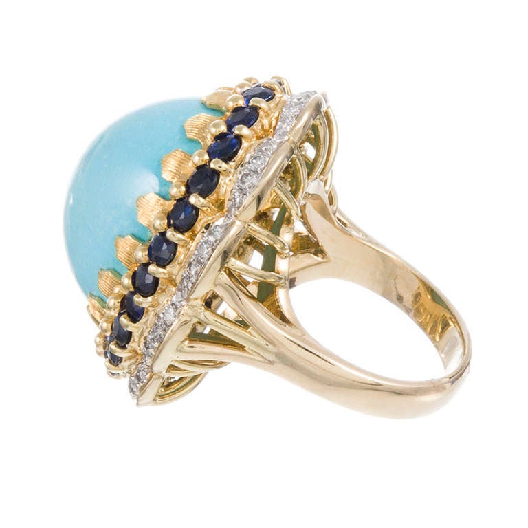 1960s Cabochon Turquoise Sapphire and Diamond Cocktail Ring In Excellent Condition In Carmel-by-the-Sea, CA