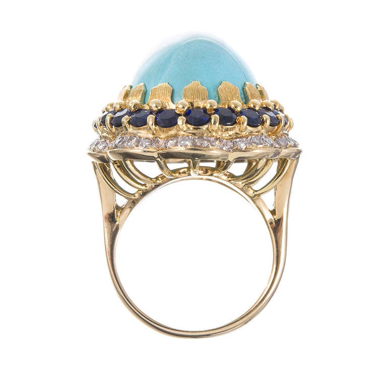 Women's 1960s Cabochon Turquoise Sapphire and Diamond Cocktail Ring