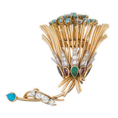 Vintage 1950s "Tremblant" Abstract Turquoise, Diamond, Emerald, Sapphire & Ruby Flower