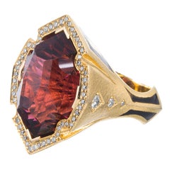 38 Carat Red Tourmaline Enamel Diamond Ring Signed Neiman Marcus