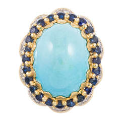 1960s Cabochon Turquoise Sapphire and Diamond Cocktail Ring