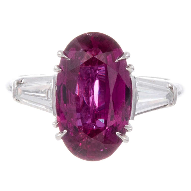 3.94 Carat Ruby and Baguette Diamond Ring For Sale