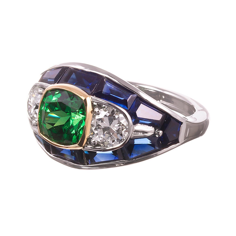1.83 Carat Tsavorite garnet Sapphire Diamond Ring signed “DF Walter"