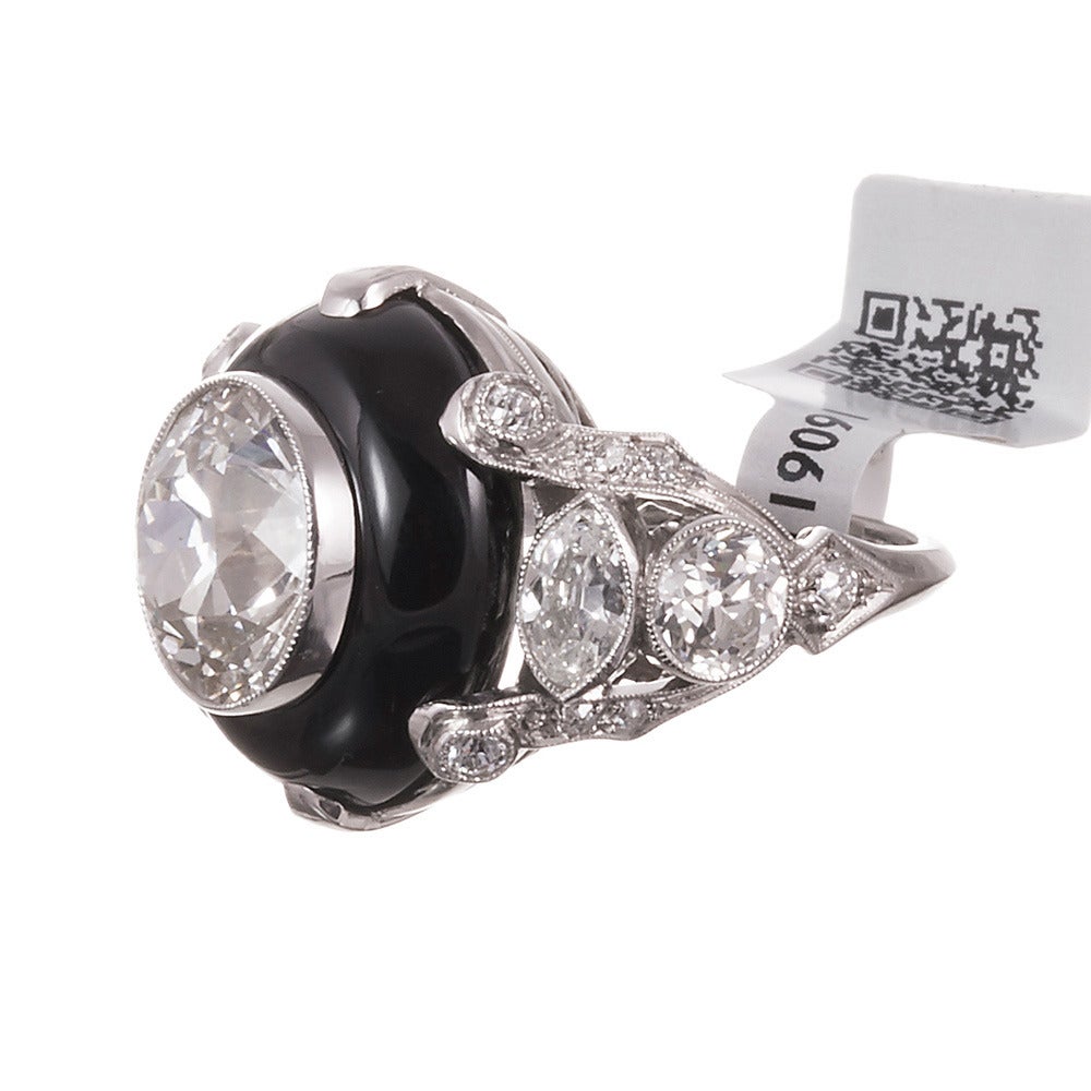 Art Deco 4.68 Carat Old European Cut Diamond Onyx Platinum Ring