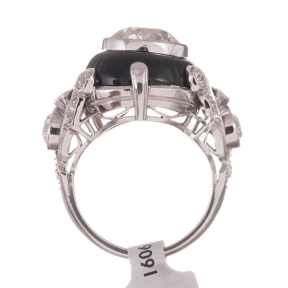 4.68 Carat Old European Cut Diamond Onyx Platinum Ring In Excellent Condition In Carmel-by-the-Sea, CA