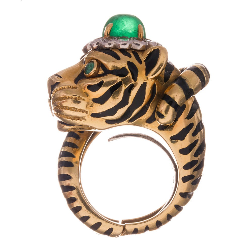 David Webb Enamel Emerald  Diamond Tiger Ring