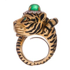 David Webb Enamel Emerald  Diamond Tiger Ring