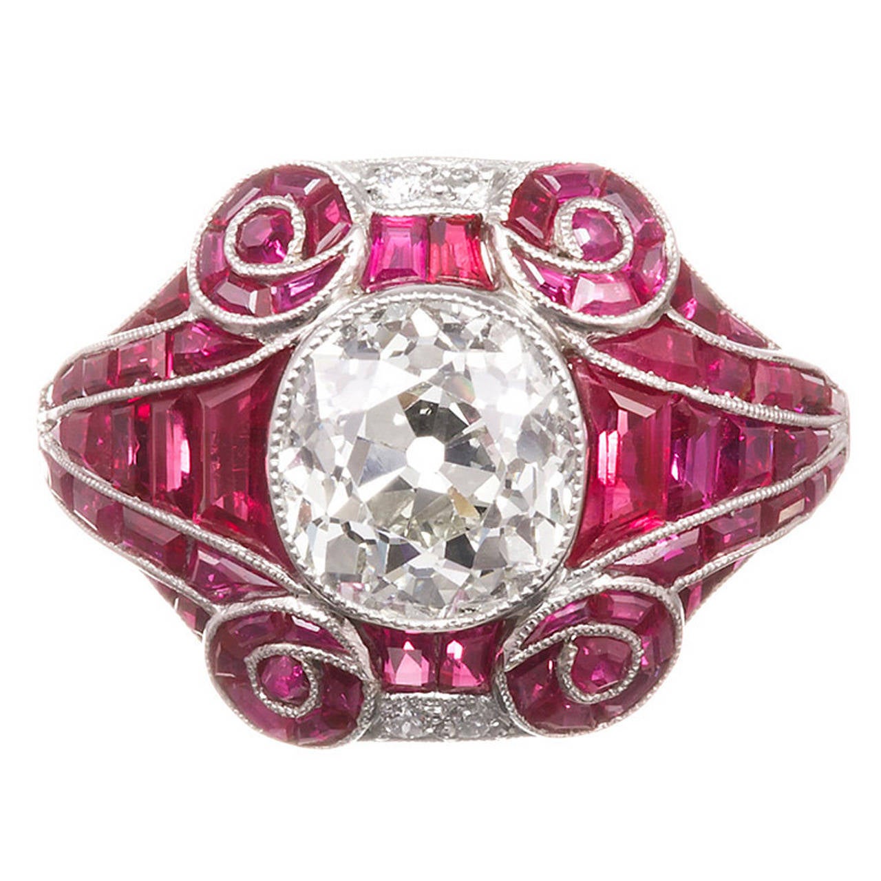 Art Deco 2.25 Carat Old European Cut Diamond Ruby Ring at 1stDibs