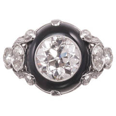 4.68 Carat Old European Cut Diamond Onyx Platinum Ring