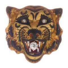 Antique Enamel Diamond Gold Tiger Pin 10