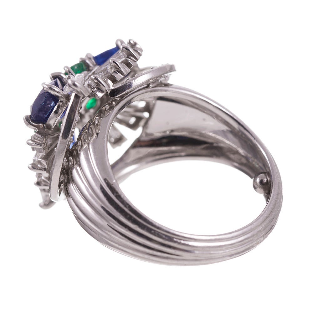 Cartier Sapphire Emerald Diamond Platinum Cluster Ring In Excellent Condition In Carmel-by-the-Sea, CA