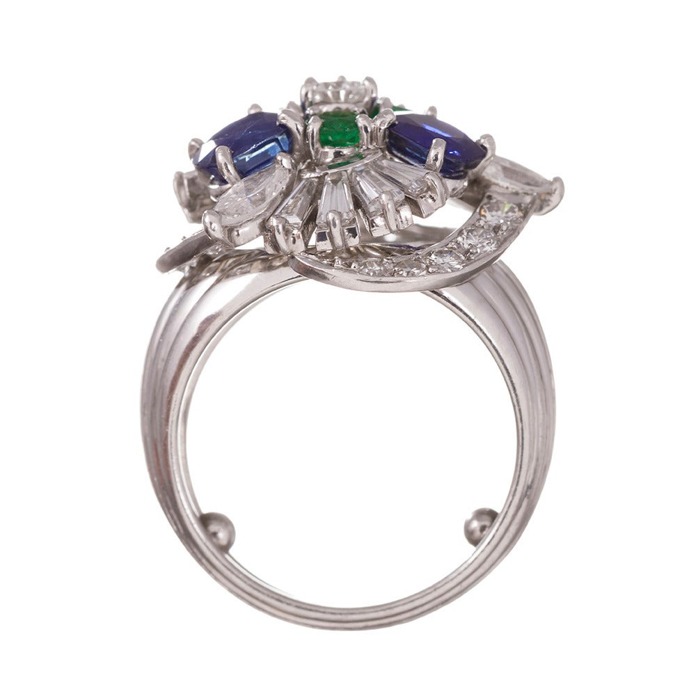 Women's Cartier Sapphire Emerald Diamond Platinum Cluster Ring