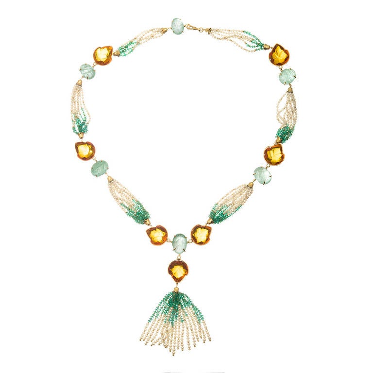Emerald, Pearl, Amber and Diamond Necklace In Excellent Condition In Carmel-by-the-Sea, CA