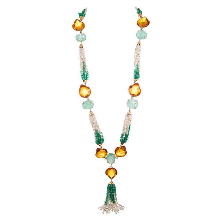 Emerald, Pearl, Amber and Diamond Necklace