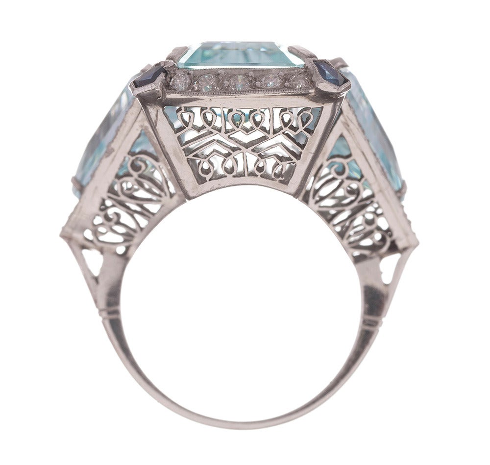 Women's Art Deco Large Aquamarine Sapphire Diamond Platinum Cocktail Ring
