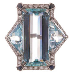 Art Deco Large Aquamarine Sapphire Diamond Platinum Cocktail Ring