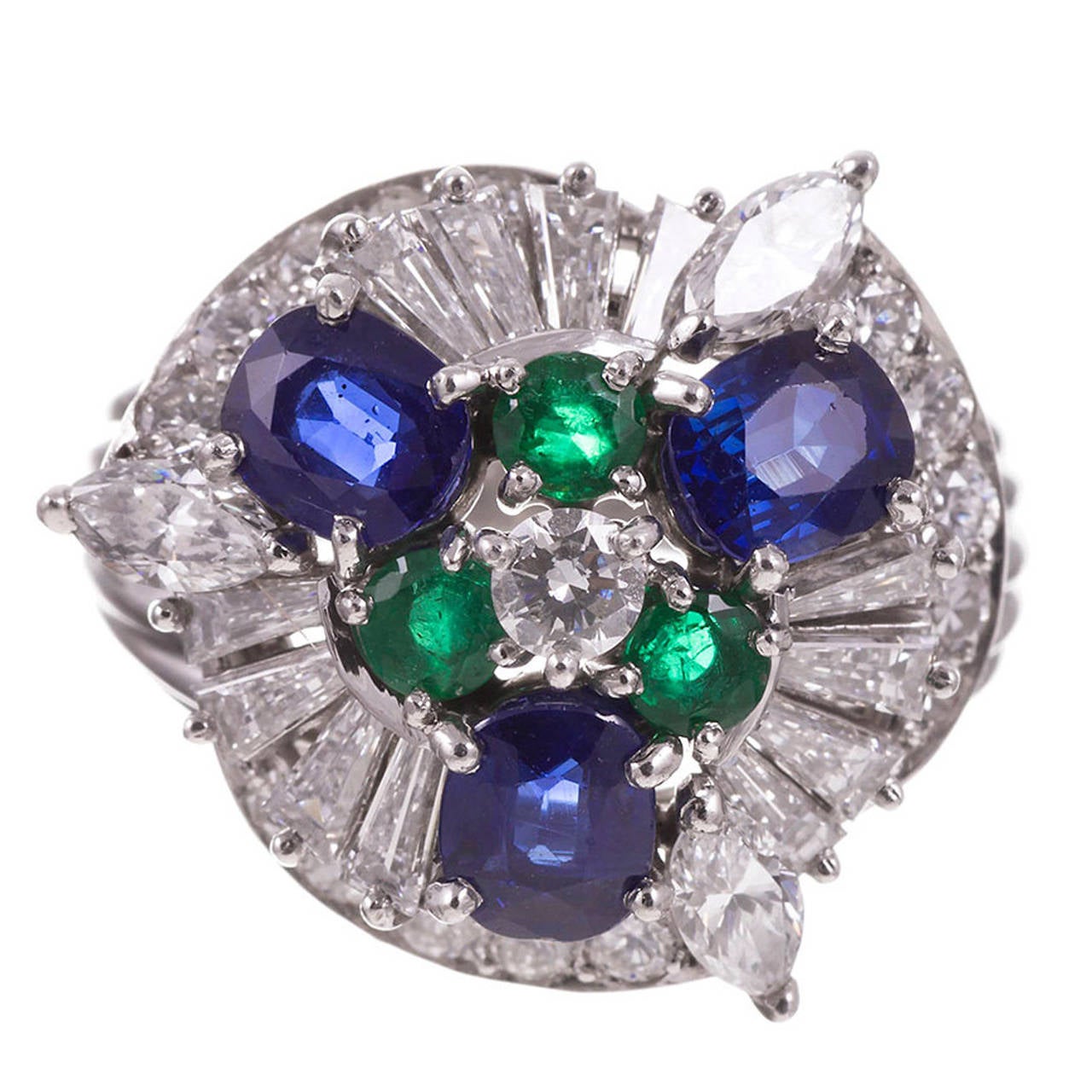 Cartier Sapphire Emerald Diamond Platinum Cluster Ring