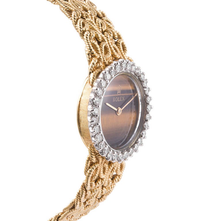 Women's Rolex Lady's Yellow Gold and Diamond Bracelet Watch with Tiger's Eye Dial