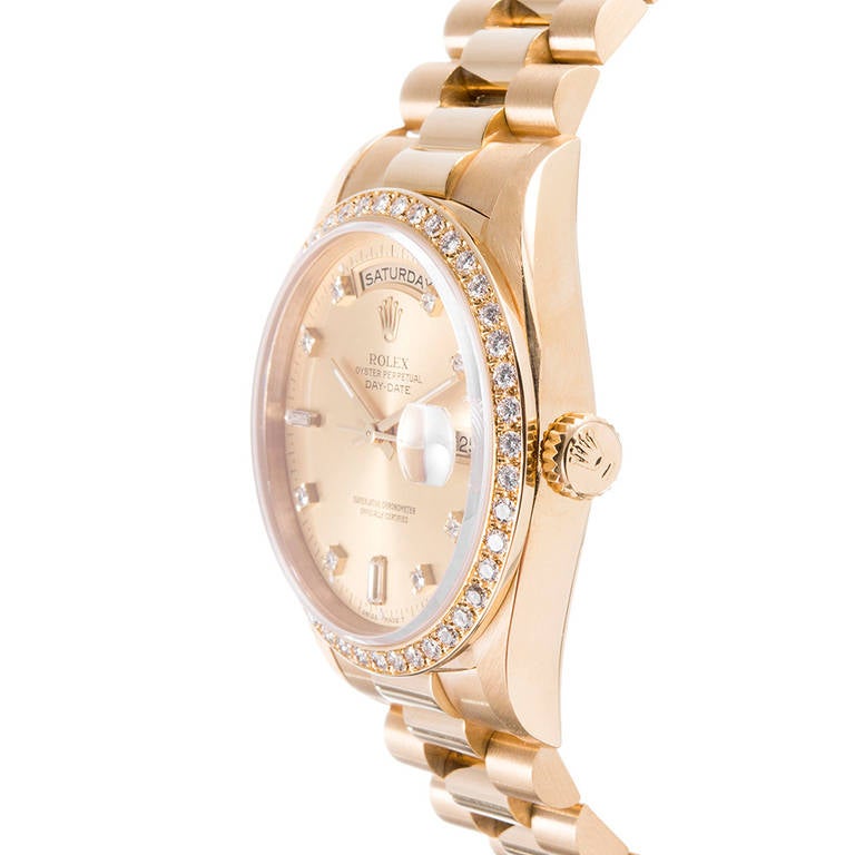 Rolex 18k Yellow Gold and Diamond Day-Date Wristwatch Ref 18348 circa 1989