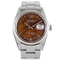 Vintage Rolex Stainless Steel Datejust Wristwatch with Burl Wood Dial Ref 16014