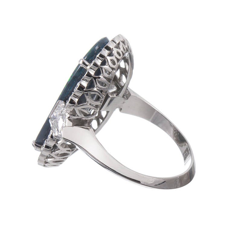 Art Deco Important 7.50 Carat Lightning Ridge Opal Diamond Cluster Ring For Sale