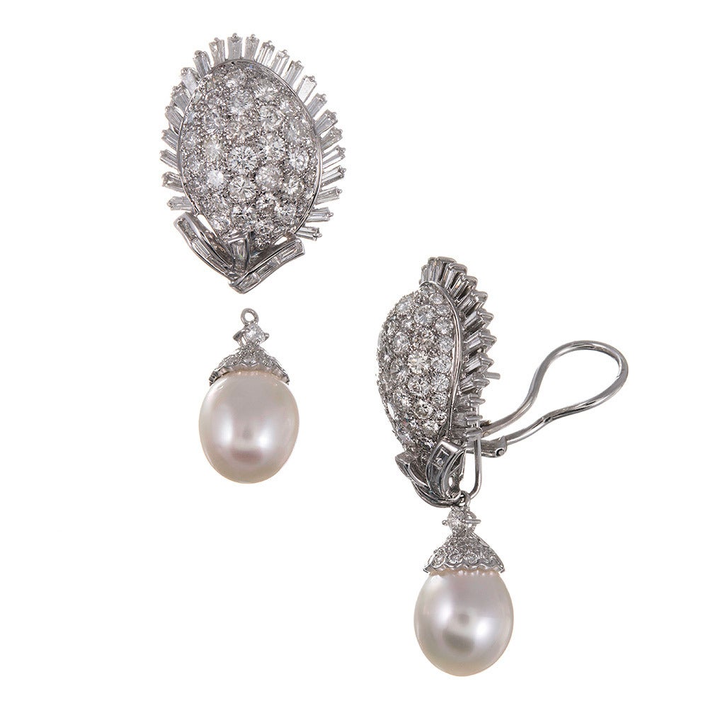 Diamond Earrings with Pearl Drop Enhancers, signed “Rothchild”