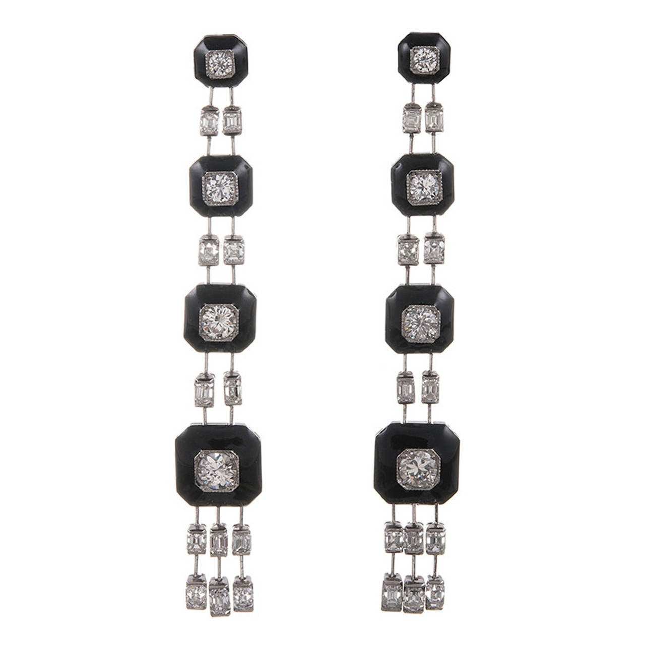 Art Deco Stacked Onyx Diamond Platinum Fringe Earrings