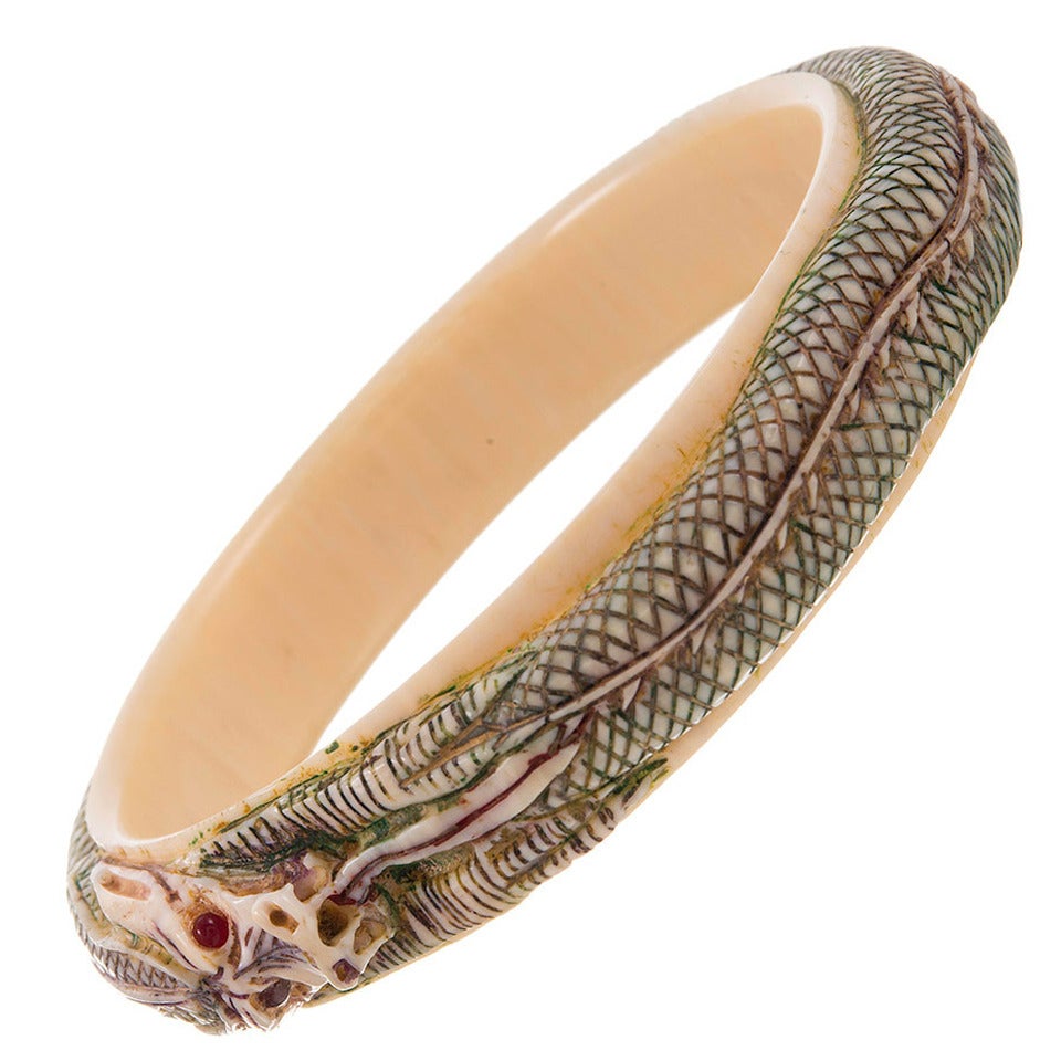 1920s Carved Bone Dragon Motif Bangle Bracelet