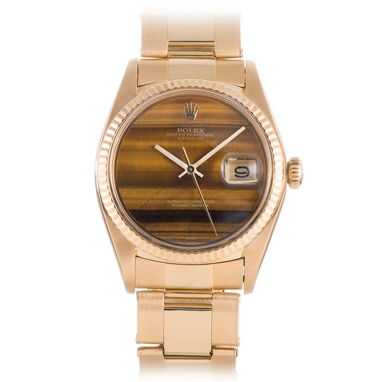Rolex Yellow Gold Datejust Wristwatch with Tiger's Eye Dial Ref 1603 circa 1970s