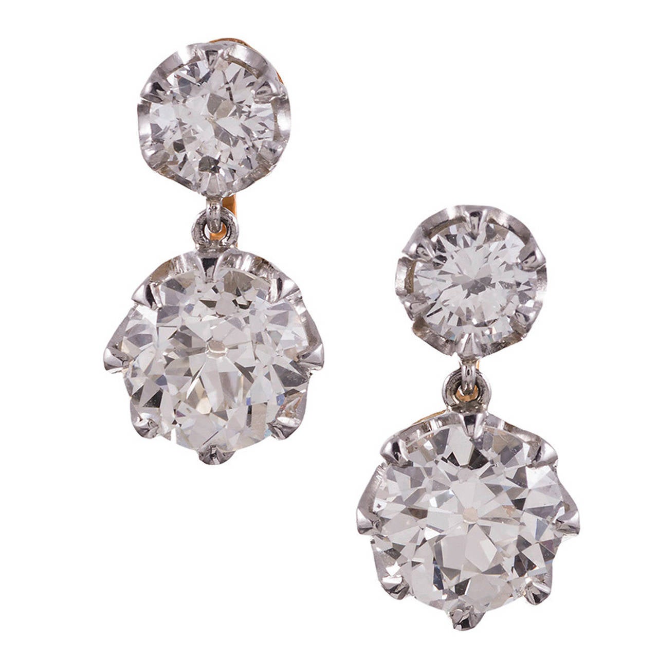 2.63 Carat Old European Cut Double Diamond Drop Earrings