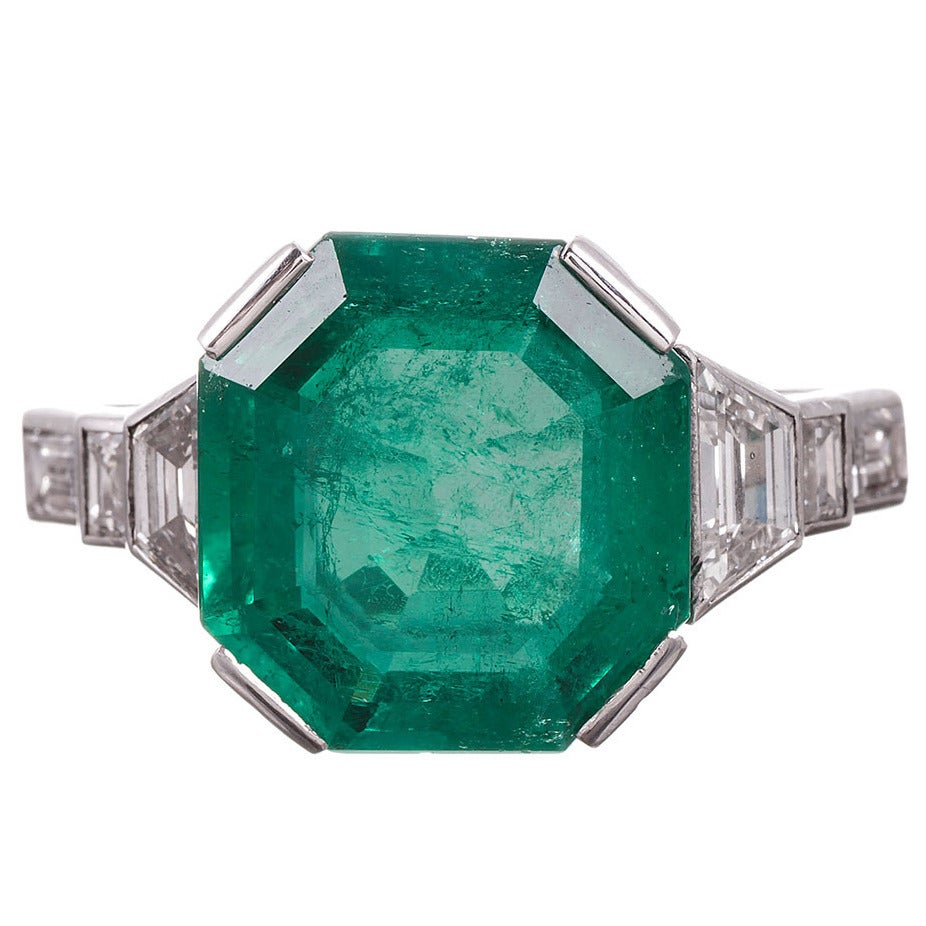 Art Deco 7.00 Carat Octagonal Colombian Emerald Ring