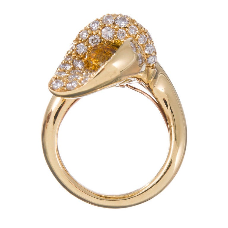 Cantamessa Diamond Yellow Gold Calla Lily Bypass Ring In Excellent Condition In Carmel-by-the-Sea, CA