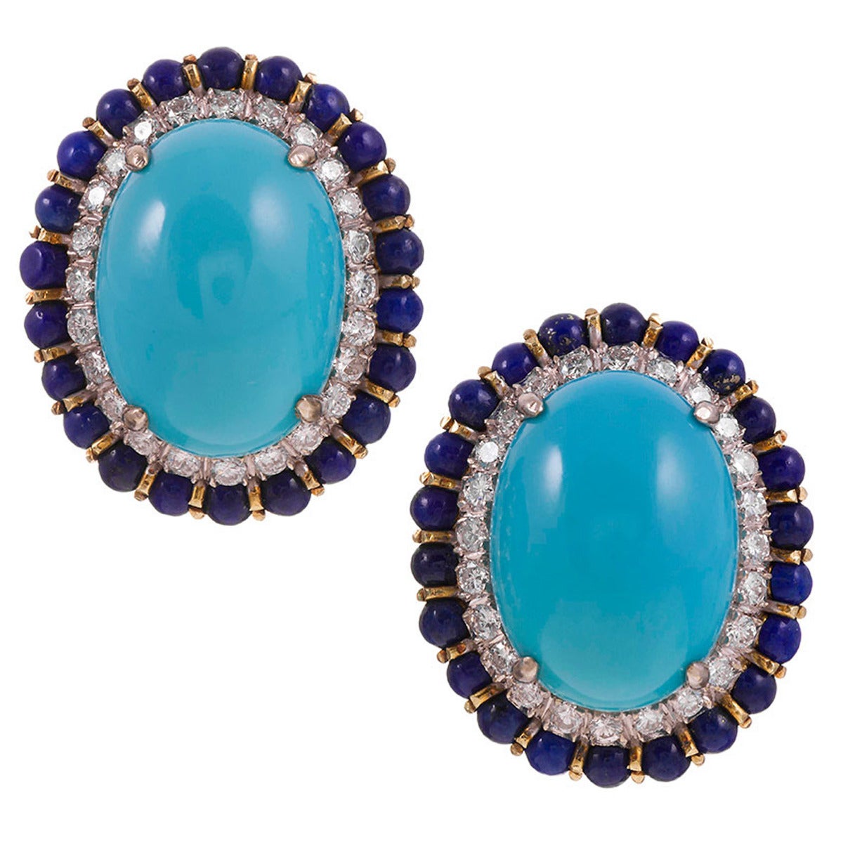 1960s Turquoise Lapis Diamond Gold Cluster Earrings