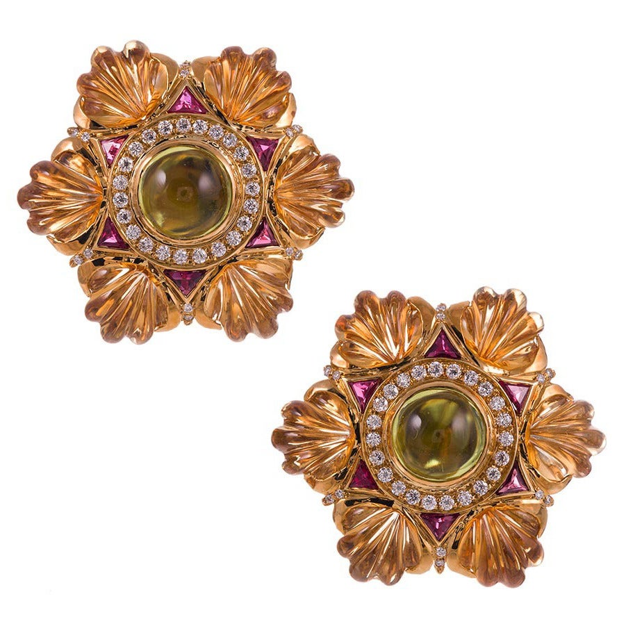 1980s Carved Citrine Ruby Peridot Diamond Six-Pointed Star Earrings