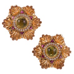 1980s Carved Citrine Ruby Peridot Diamond Six-Pointed Star Earrings