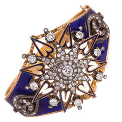 Victorian Enamel Diamond Gold Sunburst Heart Bangle Bracelet
