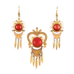 Antique Victorian Gold and Coral Pin/Pendant & Earrings Suite