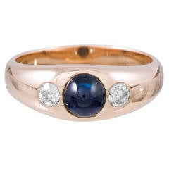 Antique Victorian Cabochon Sapphire Diamond Gold Gypsy Ring
