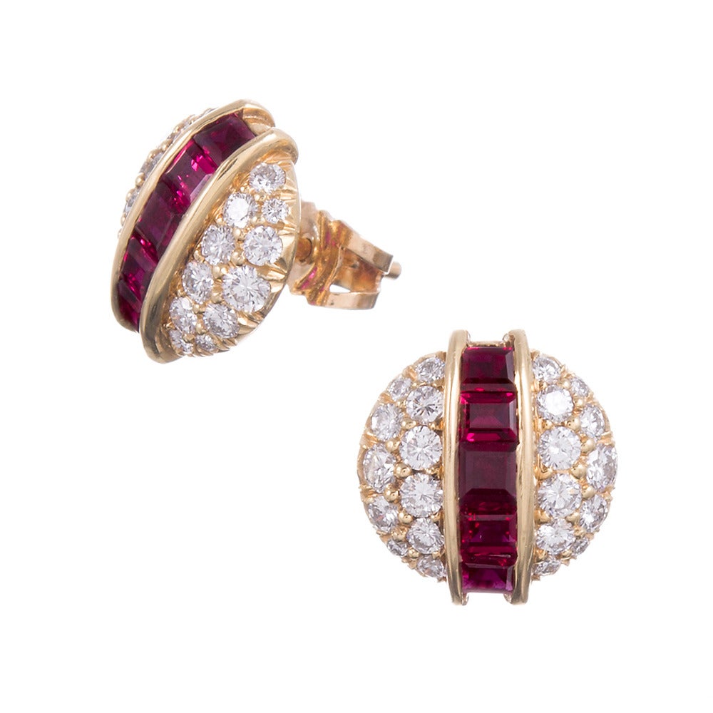 Retro Ruby Diamond Gold Earrings and Ring Suite