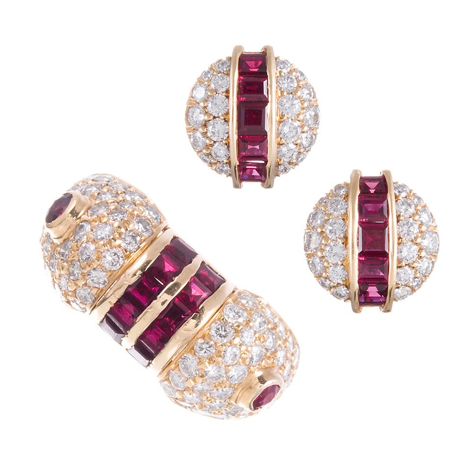 Ruby Diamond Gold Earrings and Ring Suite