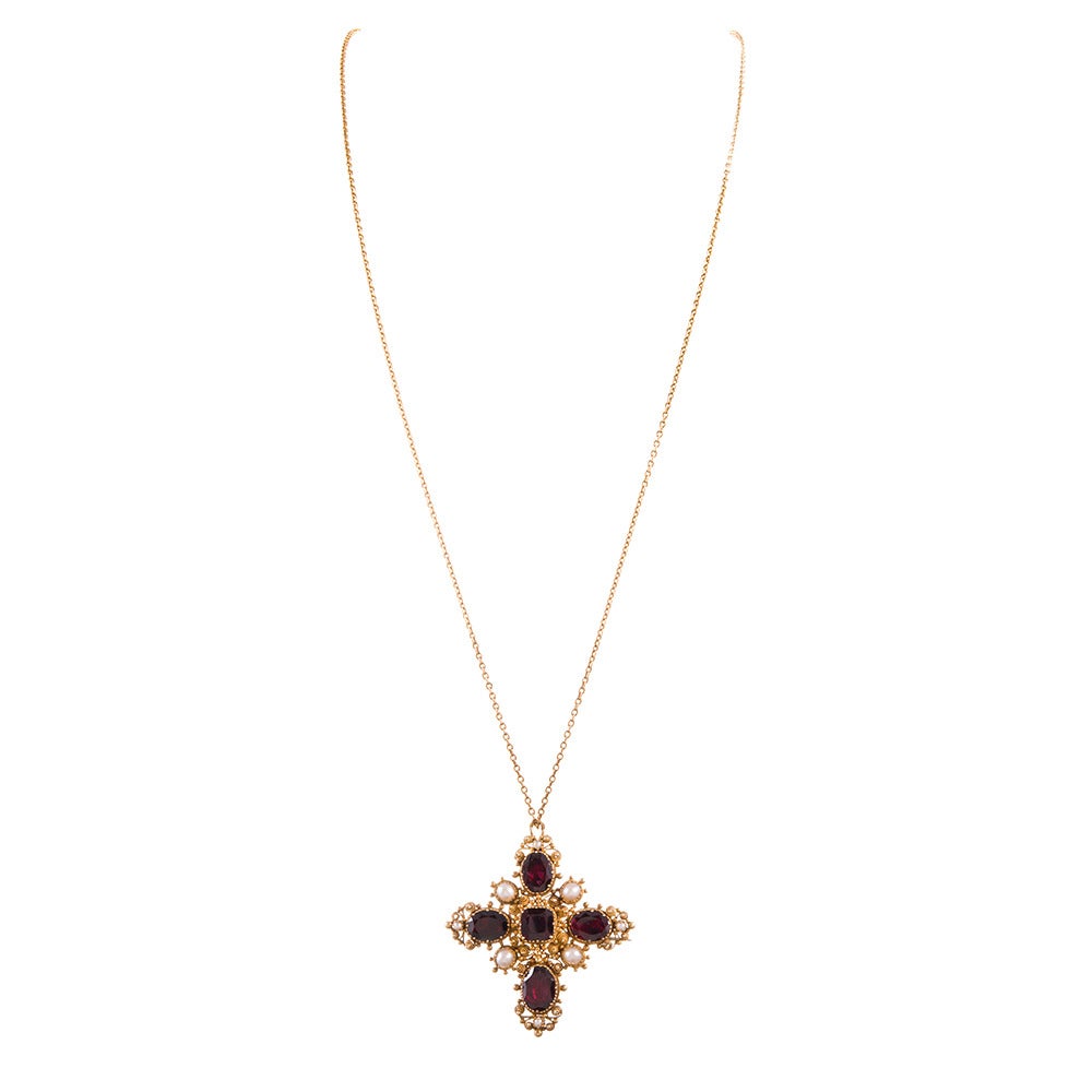 Victorian Granulated Garnet and Pearl Cross