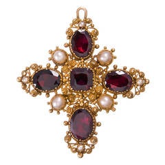 Victorian Granulated Garnet and Pearl Cross at 1stDibs