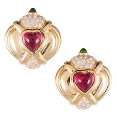 Vintage Rubellite Tsavorite Diamond Gold Clip Earrings