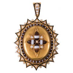 Large Victorian Enamel Banded Agate Pearl Locket