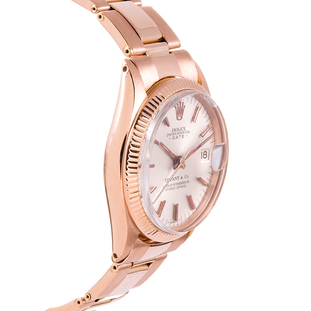 Rolex Lady's Rose Gold Datejust Wristwatch Retailed by Tiffany & Co. circa 1960s In Excellent Condition In Carmel-by-the-Sea, CA